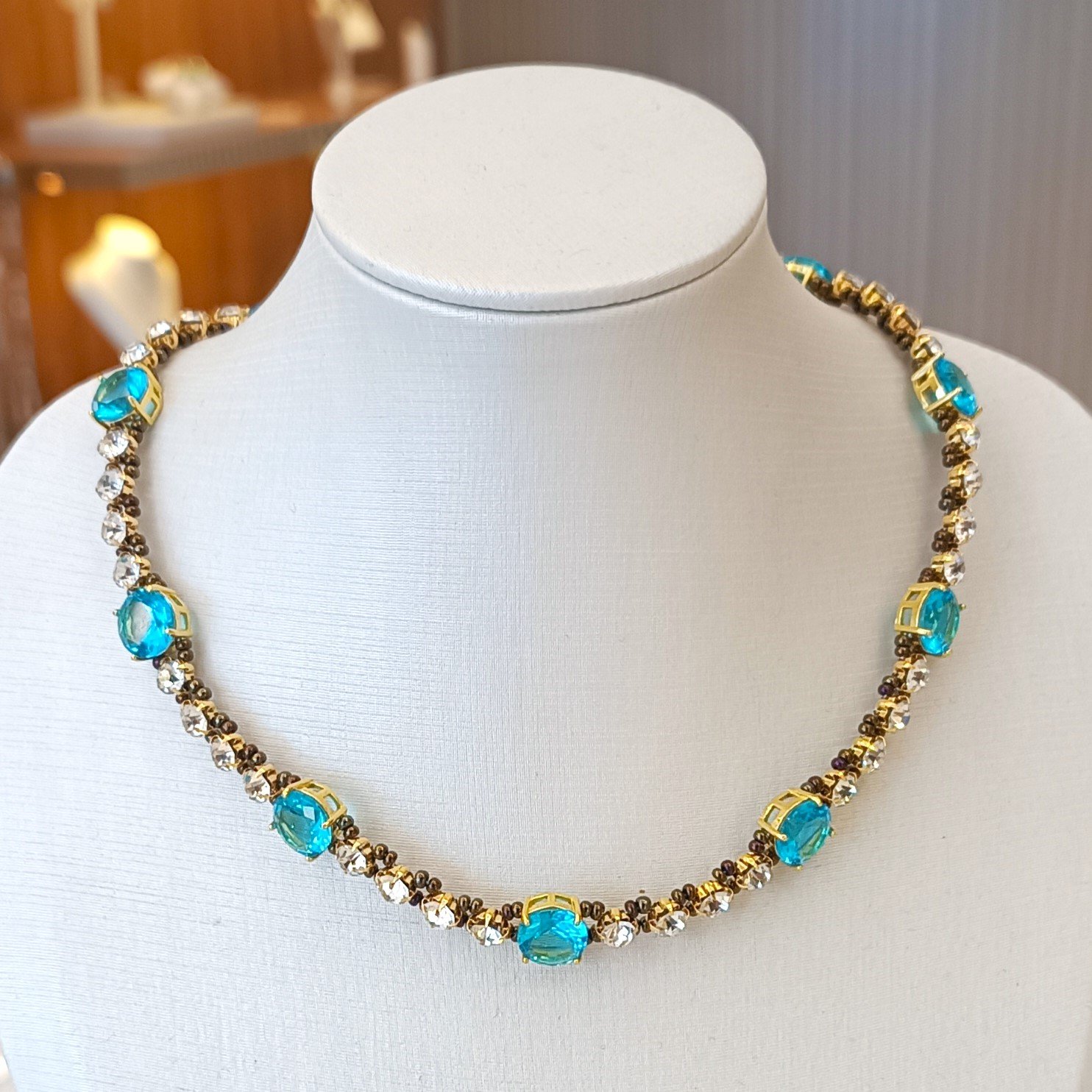 Colar zircônia redondo azul strass branco 3042