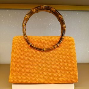 Bolsa laranja palha fecho madeira redondo G 1910
