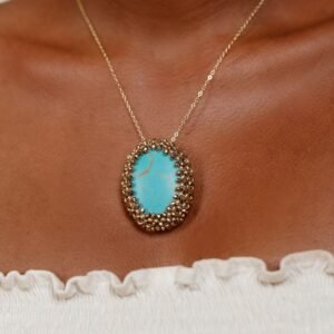 Colar pedra G turquesa com cristais 4018