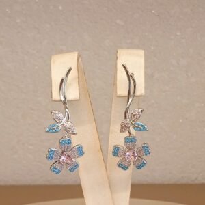Brinco flor caule pontos azul níquel - 4938